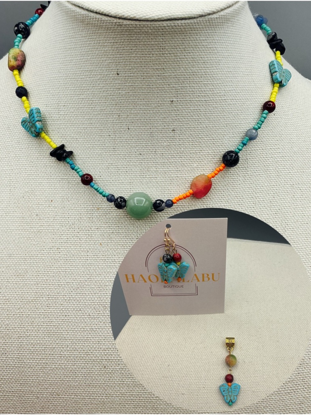 Colorful Multistone Beaded Necklace with Turquoise Butterfly Accent